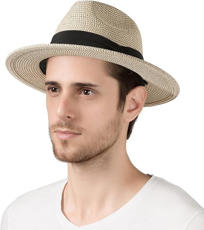 Lanzom Summer Beach Sun Hats for Men Foldable Floppy Travel Packable Staw Hat, Wide Brim Hat | Amazon (US)