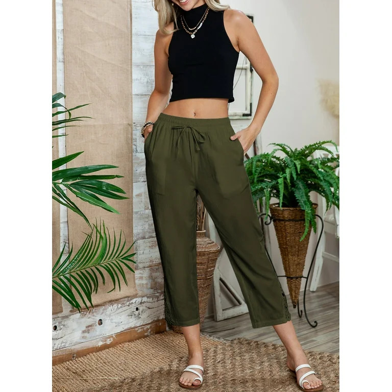 DOKOTOO Cotton Pants Women Casual Lightweight Drawstring Pants Elastic Waist Pants with Pockets S... | Walmart (US)