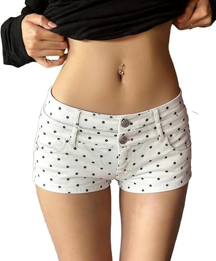Wuitrie Women's White Polka Dot Denim Shorts Low Waist Y2K Mini Jean Shorts | Amazon (US)