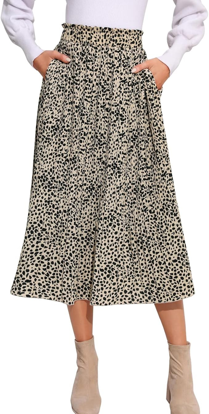 EXLURA Womens High Waist Polka Dot Pleated Skirt Midi Swing Skirt with Pockets | Amazon (US)
