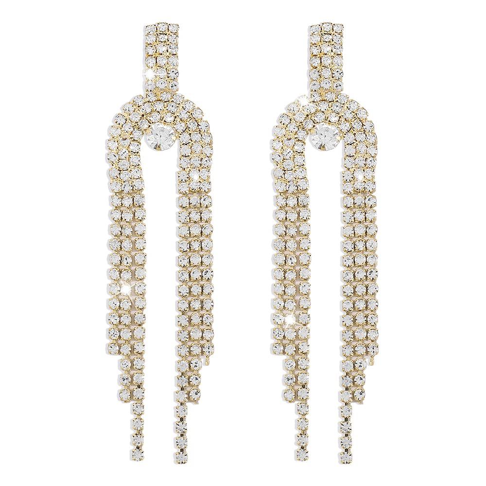 Denifery Fashion Long Tassel Crystal Drop Earrings Geometric Full Rhinestone Earrings Statement Jewe | Amazon (US)