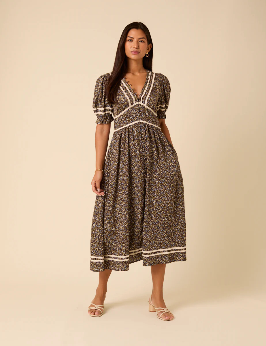 Brown Ditsy Floral Saffy Midi Dress | Nobody's Child