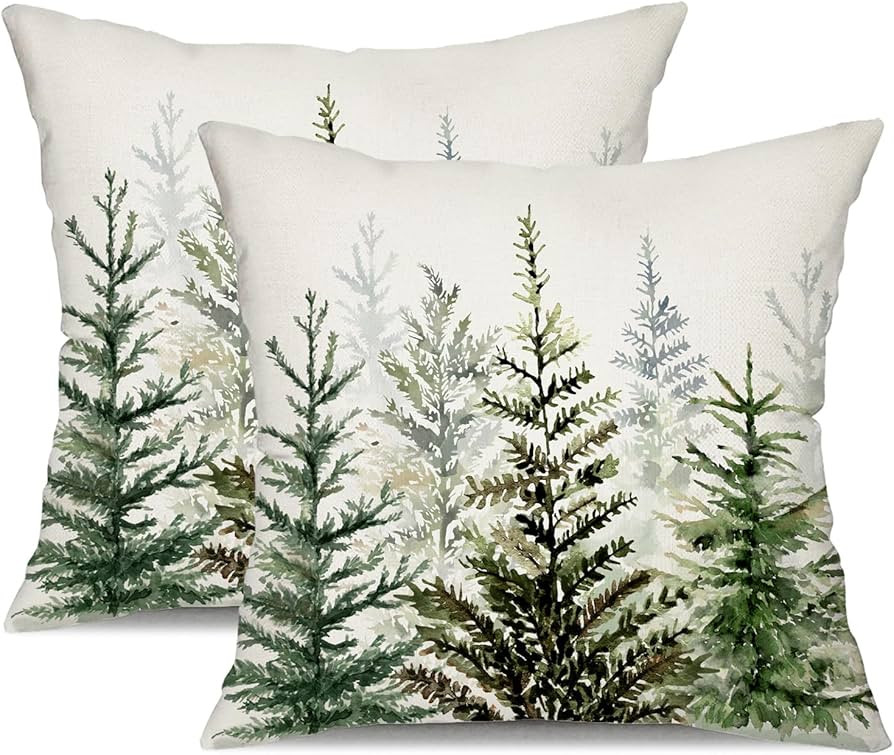 DFXSZ Christmas Pillow Covers 18x18 inch Set of 2 Watercolor Blue Green Christmas Tree Rustic Sty... | Amazon (US)