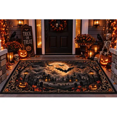 5' x 7' Halloween Outdoor Area Rug, Graveyard Moon Pumpkin Trail, Heavyweight Solid Waterproof PVC Coil Loop Carpet, Heavy Duty Quick-Dry Indoor Outdo | Wayfair North America