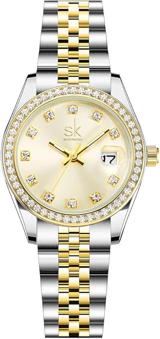 Women's Crystal Accented with Solid Alloy Steel Band Watch Elegant Dress Quartz Calendar Watches ... | Amazon (US)