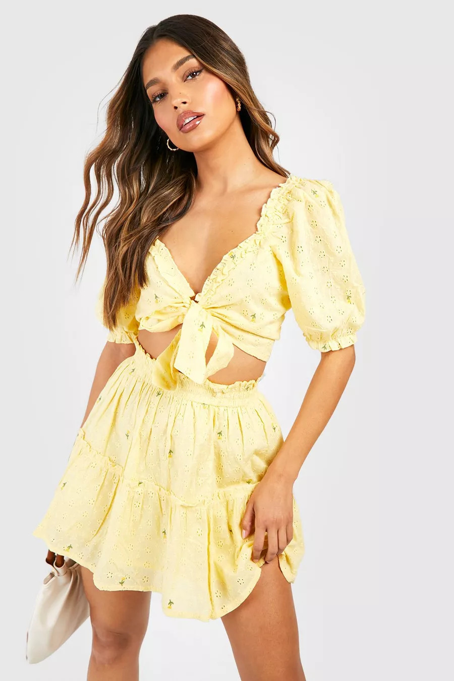 Floral Broderie Knot Top & Ruffle Hem Skirt | Boohoo.com (UK & IE)
