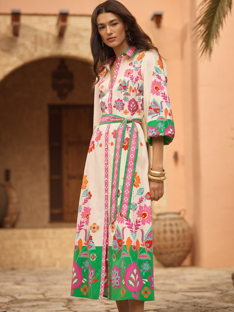 Love & Roses Cream Floral Tie Waist Shirt Midi Dress | Next US