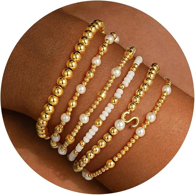 Turandoss 6PCS Beaded Initial Bracelets for Women Girls Valentines Day Gifts - 18K Gold Plated Be... | Amazon (US)