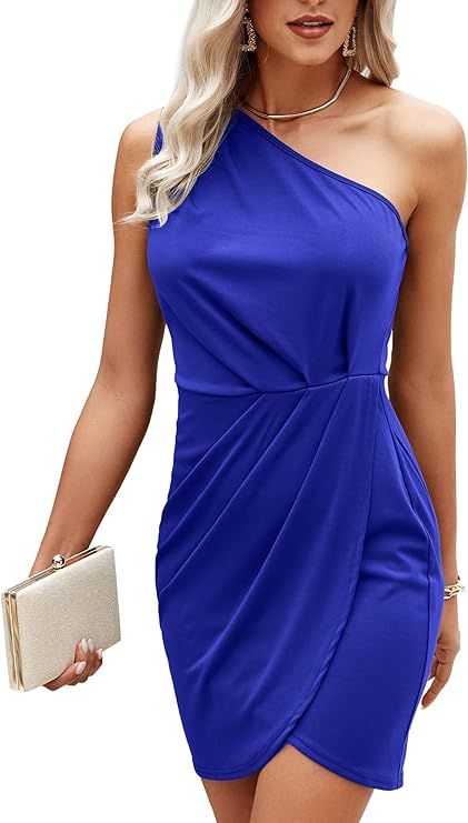 Sulozom Women Sexy Bodycon One Shoulder Ruched Mini Party Cocktail Dress | Amazon (US)