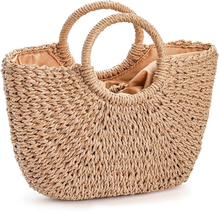 Women Straw Bag, Large Hand-woven Summer Beach Handbag, Handmade Straw Tote Bag, Casual Top-handl... | Amazon (US)