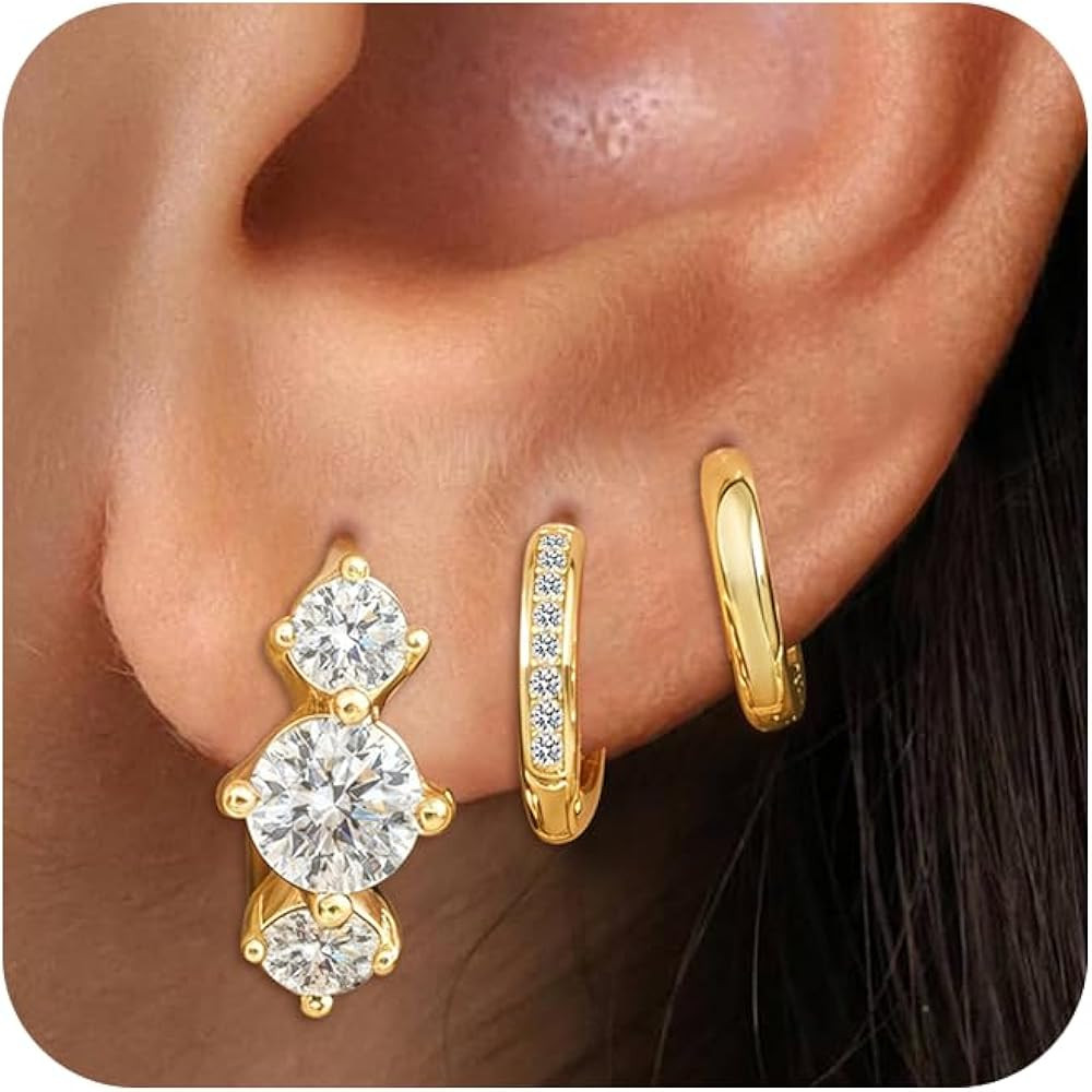 3Pairs Small Gold Huggie Hoop Earrings for Women,Romantic heart,Twisted braid two colors,3 CZ Hoo... | Amazon (US)