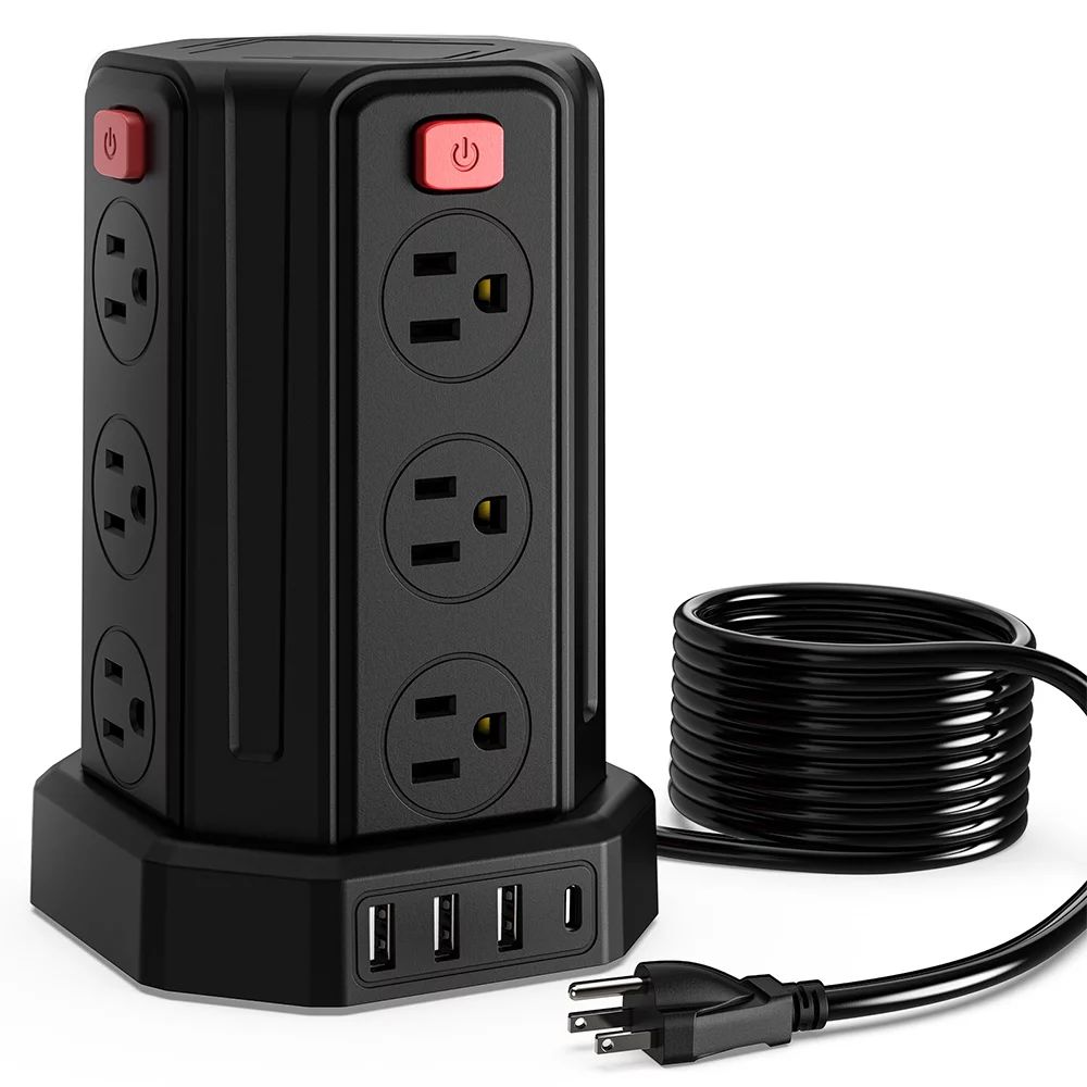 Power Strips Tower 12 Outlets Surge Protector with 4 USB Port and 10ft Extension Cord, Black | Walmart (US)