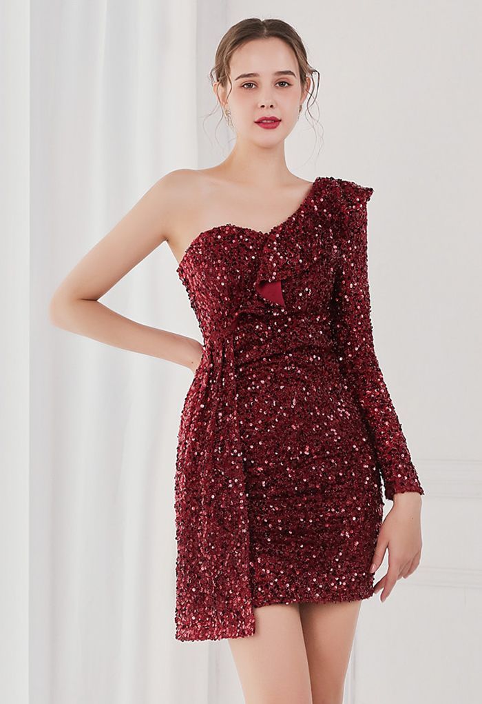 Ruffle One-Shoulder Colorful Sequin Cocktail Dress in Burgundy | Chicwish