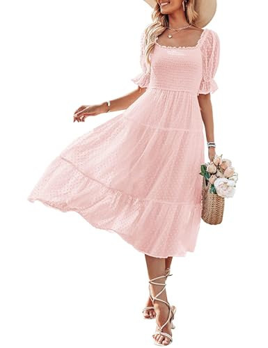 MEROKEETY Women's 2025 Pink Dress Summer Square Neck Flounce Sleeve A Line Pom Pom Midi Dress, Pink, L | Amazon (US)