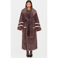 Brown Faux Fur Contrasting Faux Leather Trim Maxi Coat | PrettyLittleThing US
