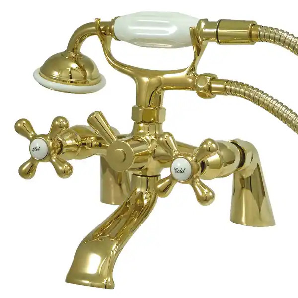Kingston Brass Deck Mount Clawfoot Tub Faucet with Hand Shower in Matte Black - Polished Brass | Bed Bath & Beyond