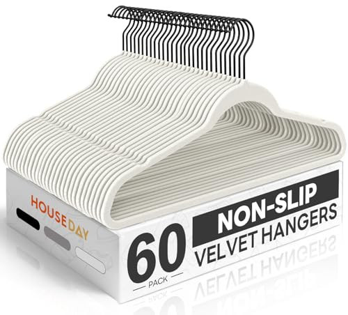 HOUSE DAY White Velvet Hangers 60 Pack, Non Slip Felt Hanger +Black Hook | Amazon (US)