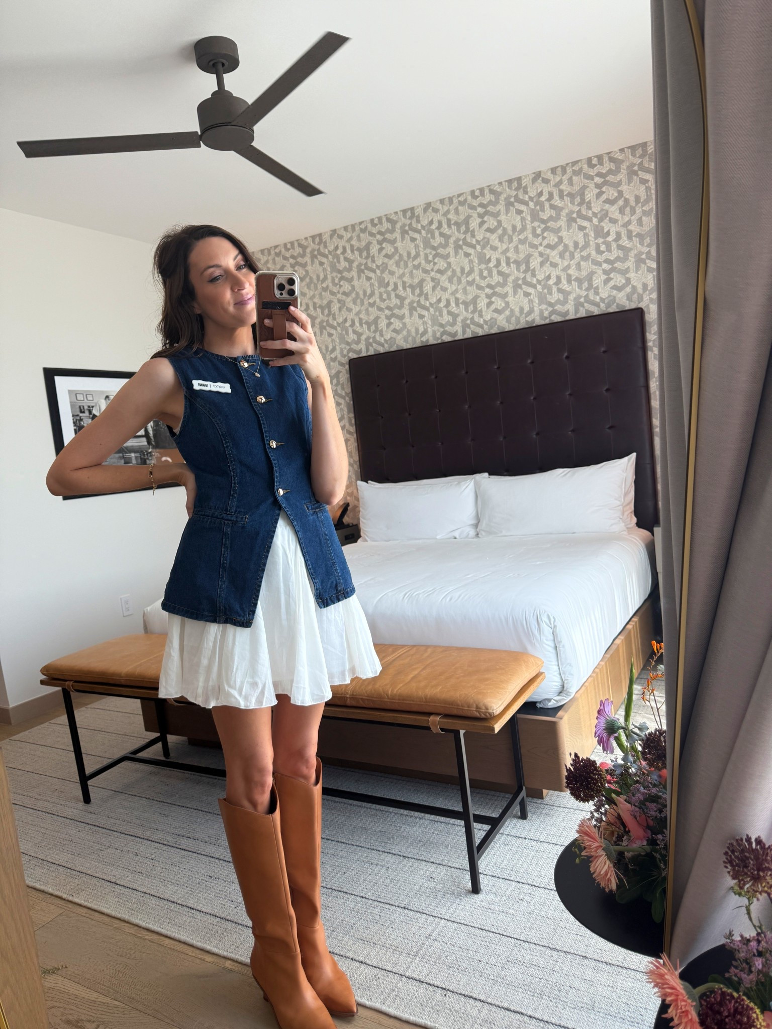 White skirt denim vest top Vince Camuto knee high boots 

ASOS topshop nordstrom petal and pup 

#LTKSaleAlert #LTKFindsUnder50 #LTKFindsUnder100