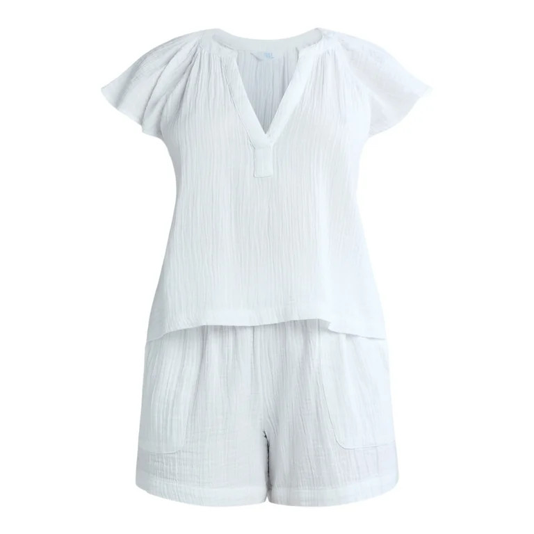 Time and Tru Women's Double Cloth Short Set, Sizes XS-XXXL | Walmart (US)