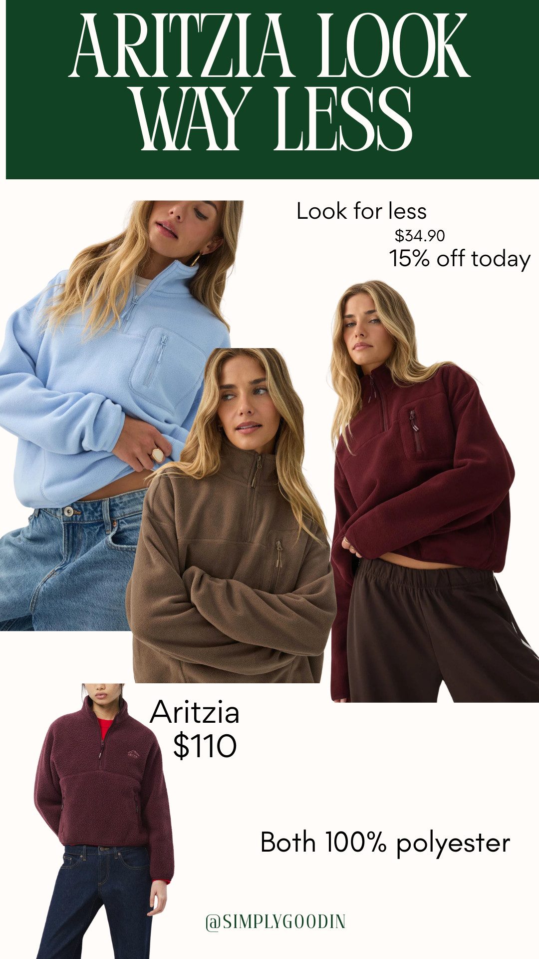 Aritzia look for less 👀

If you love the Aritzia fleece but don’t love the $110 price tag, I found a very similar option for just $34.90 — and it’s 15% off today.

Both are 100% polyester, with the same cozy quarter-zip style and oversized fit.

Aritzia: $110
Look for less: $34.90 

 #LTKcanada #LTKfall #LTKsale