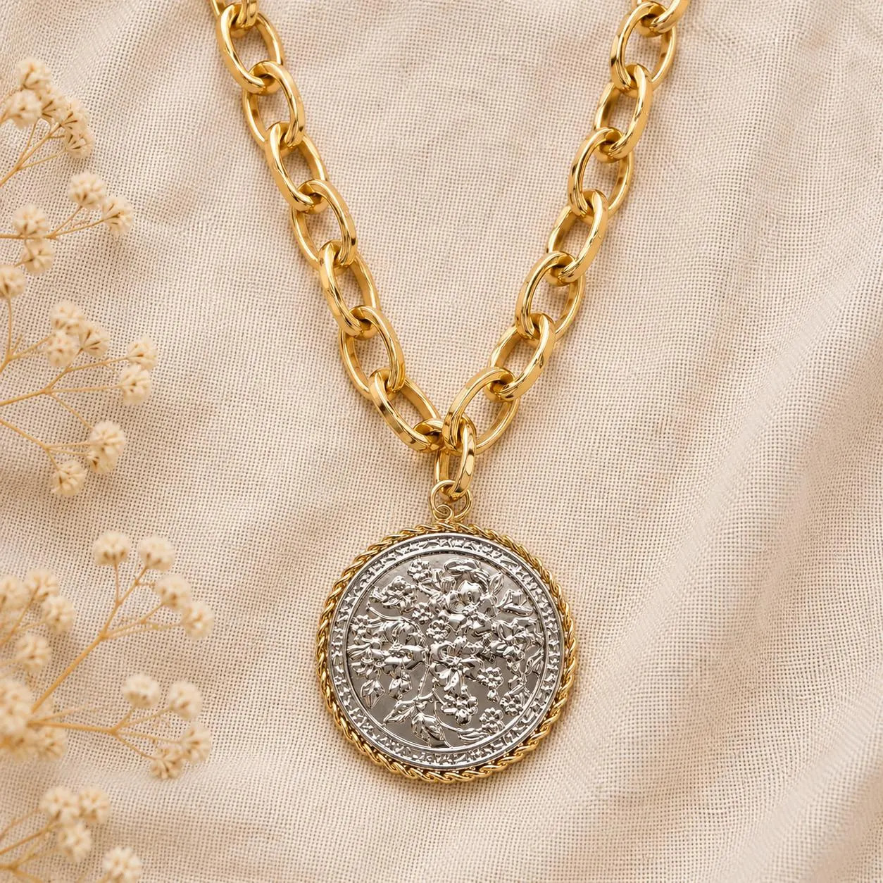 Gold and silver Coin Medallion Necklace | Vintage Inspired Chunky Chain Statement Jewelry mixed Metal gift for her | Etsy (Global)