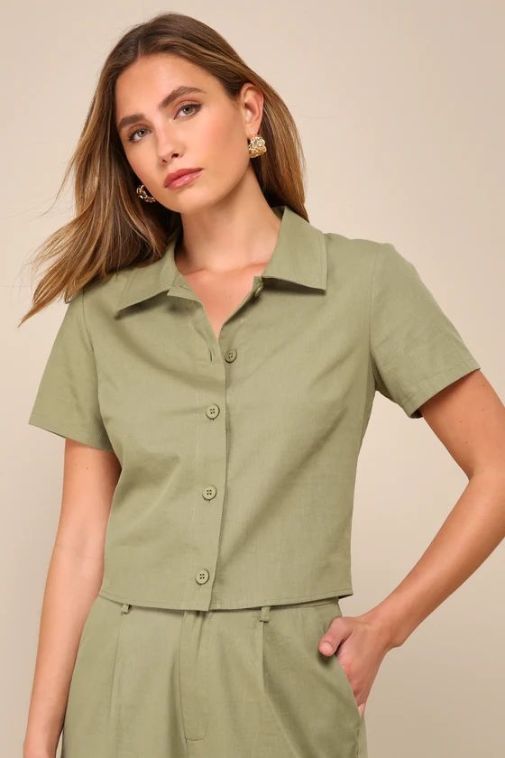 Complete Vibe Olive Green Cotton Button-Up Short Sleeve Top | Lulus