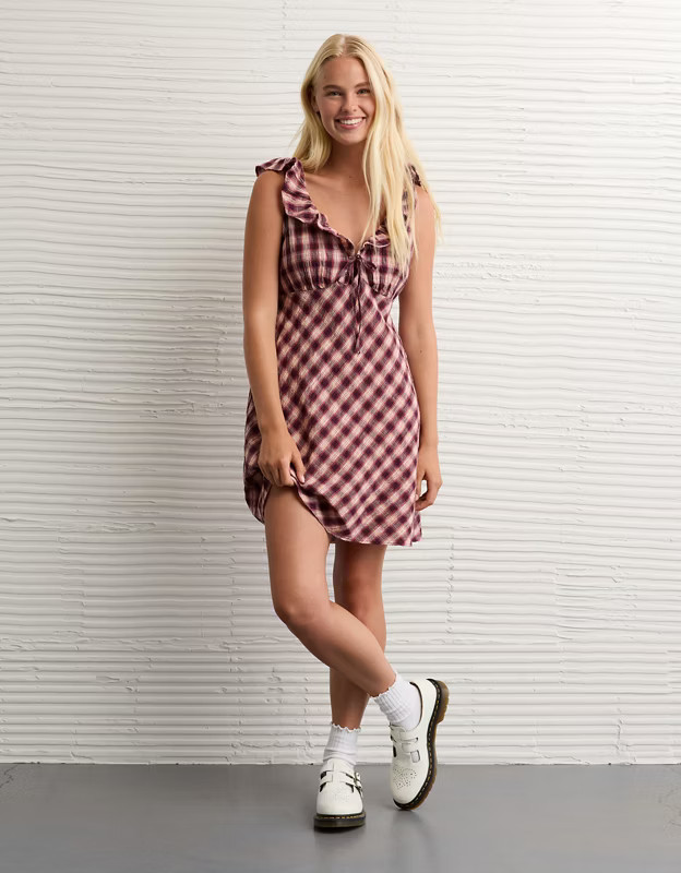 AE Ruffle Tie-Front Mini Dress | American Eagle Outfitters (US & CA)