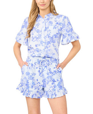 CeCe Women's Short-Sleeve Cropped Button-Down Shirt - Macy's | Macy's