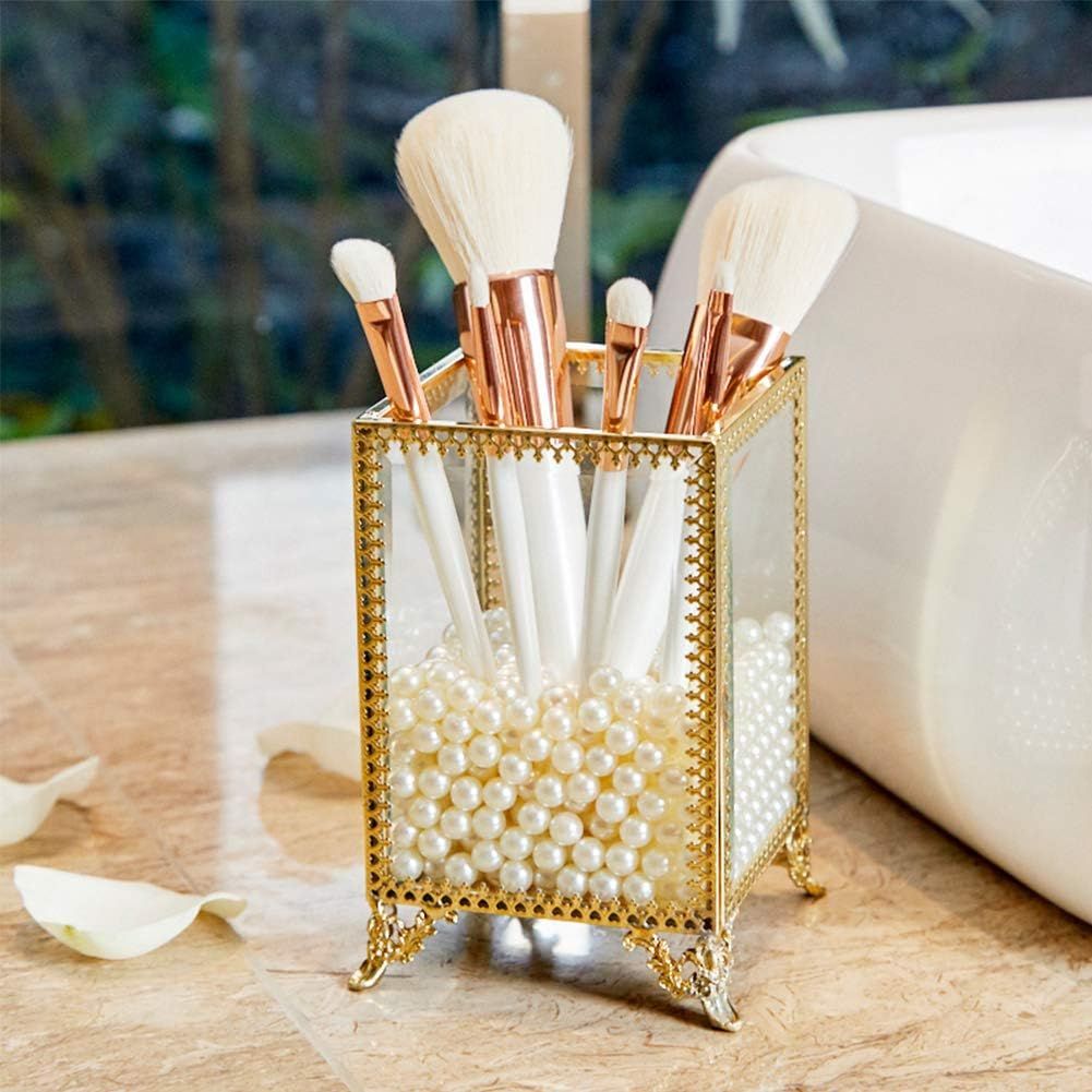 PuTwo Makeup Brush Holder Glass and Brass Vintage Makeup Brush Organizer Handmade Cosmetic Brush ... | Amazon (US)