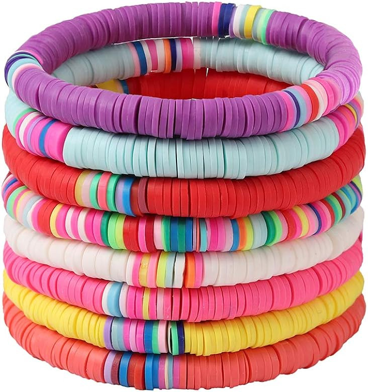 Women’s Heishi Bracelet Set- 8 pcs Boho Rainbow Surfer Stretch Bracelets Handmade African Vinyl Disc | Amazon (US)