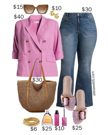Plus Size on a Budget - Linen Blazer Outfit - A casual plus size outfit with a linen blazer, flare jeans, and raffia sandals. Alexa Webb

#LTKstyletip #LTKplussize #LTKover40