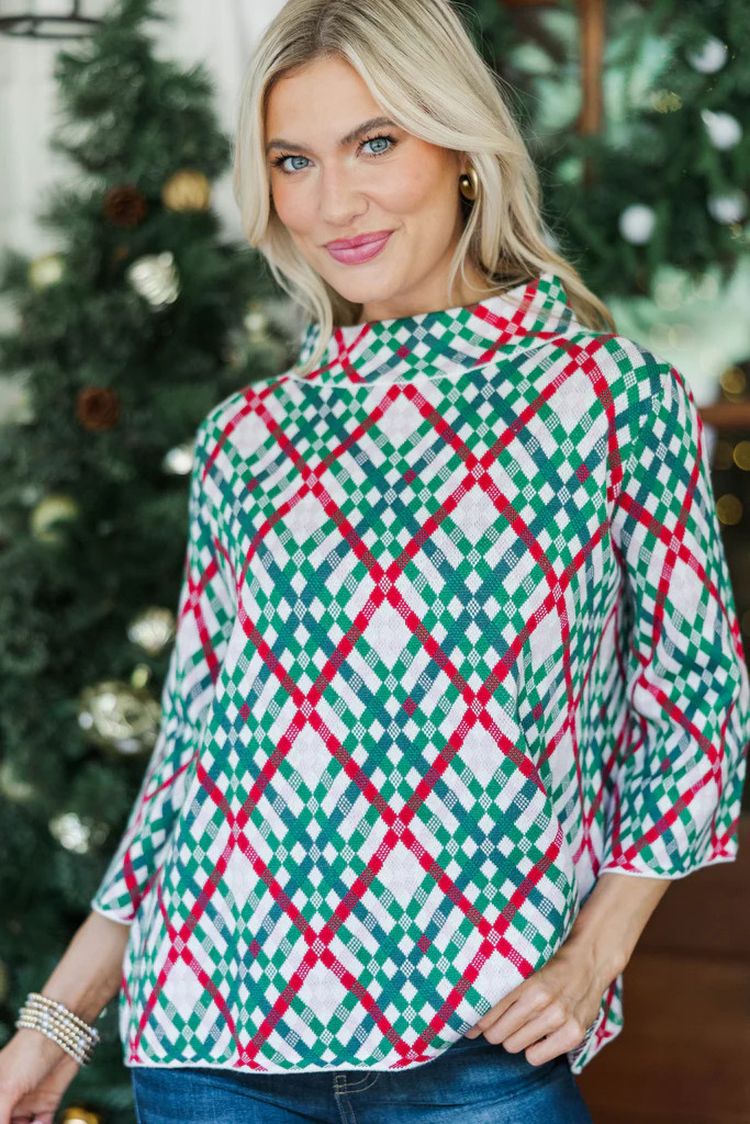 Just A Feeling Emerald Green Plaid Mock Neck Sweater | The Mint Julep Boutique