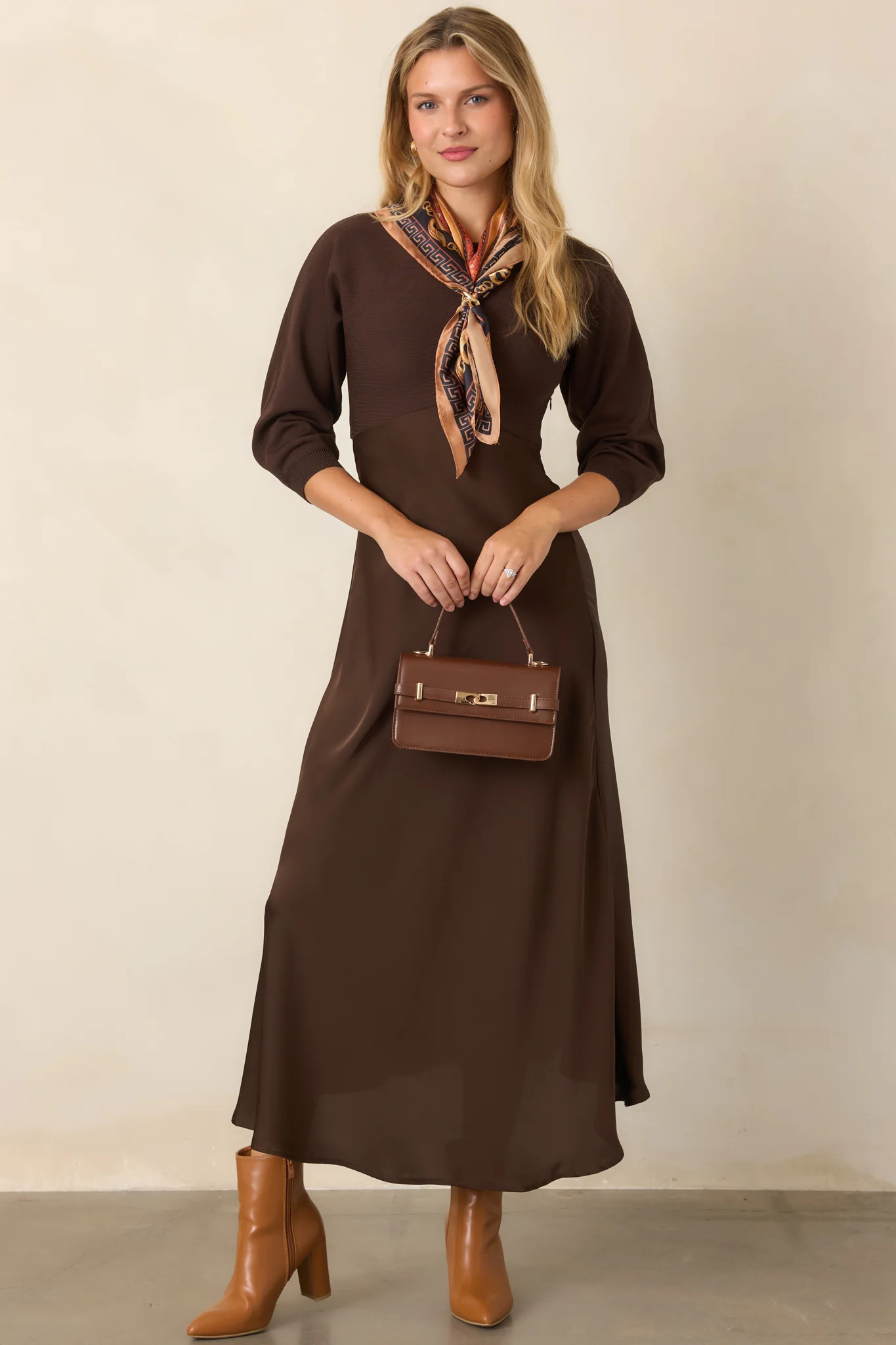 Perfectly in Place Brown Knit Bodice Midi Dress | Red Dress