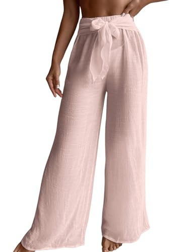 RoseSeek Women's Cover Up Beach Pants Tie Front Mesh Wide Leg Loose Bathing Suit Beach Cover Up Pants Pink Small | Amazon (US)