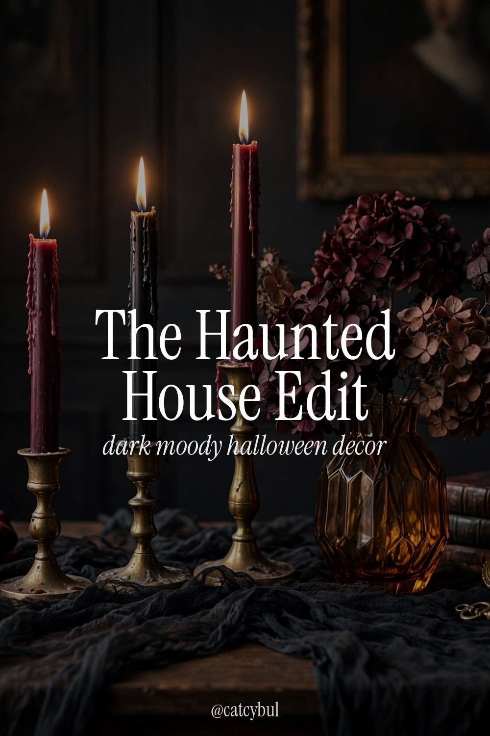 The Haunted House Edit 🖤 Dark, moody, elegant Halloween decor: burgundy taper candles, aged brass holders, black branches, amber glass. Chic not cheesy ,no orange pumpkins here. Shop my picks below