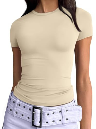 AUTOMET Womens T Shirts Basic Trendy Tops Slim Fit Short Sleeve Summer Cute Tops Baby Tee Tight Y2k Tops Teen Girls 2024 Apricot | Amazon (US)