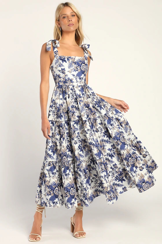 Mallorca Memories White Floral Print Tiered Tie-Strap Maxi Dress | Lulus