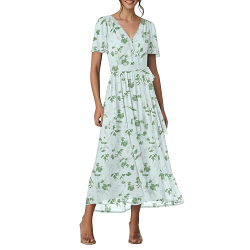 Summer Dresses for Women 2025 Short Sleeve V Neck Chiffon Dress Tie Waist Vintage Floral Dress Trendy Elegant Modest Comfy Loose Fit Maxi Sundress Flattering Flowy a Line Beach Sundresses | Amazon (US)