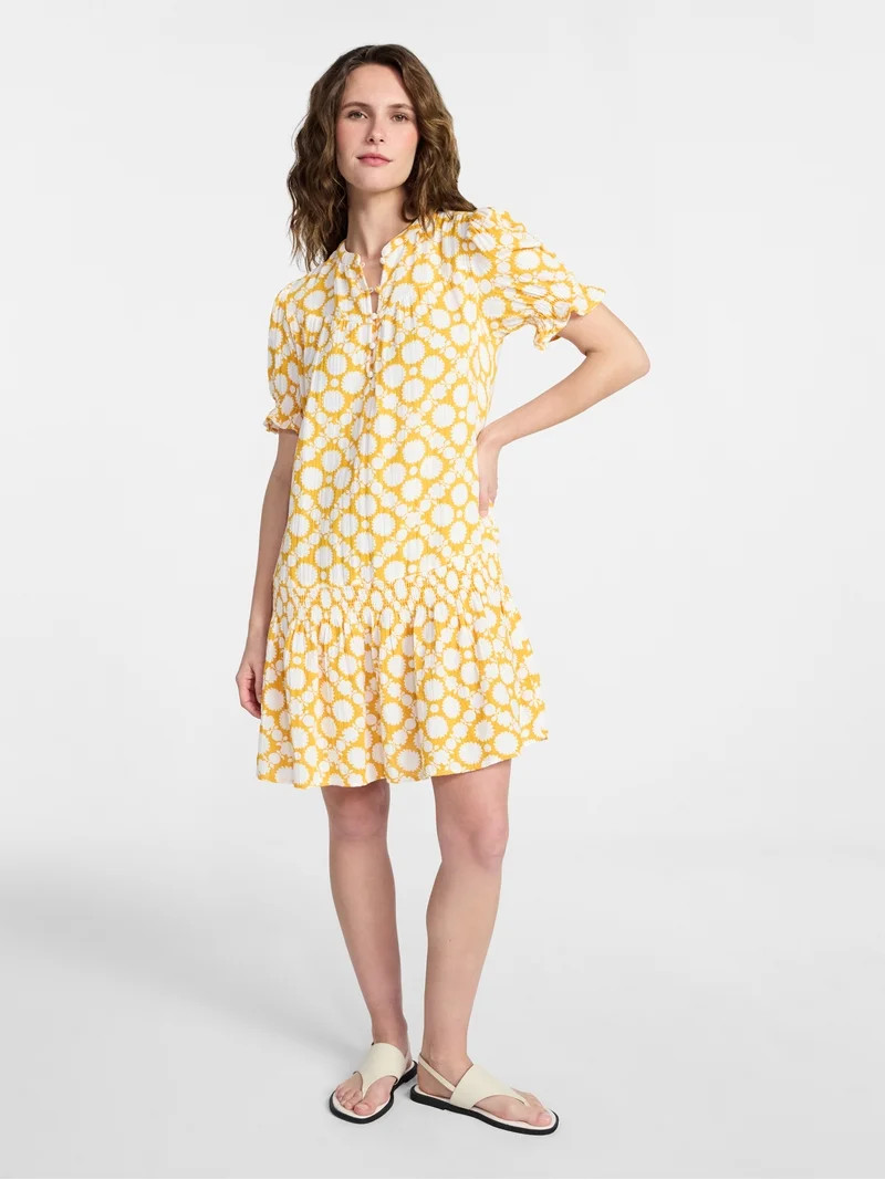 Time and Tru Women's Cotton Double Cloth Drop Waist Mini Dress with Puff Sleeves, Sizes XS-XXXL | Walmart (US)