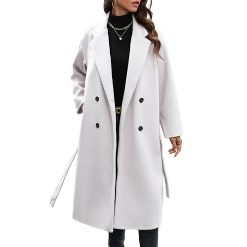 WOWULOVELY Women's Winter Double Breasted Wool Coat Long Sleeve Notched Collar Trench Long Oversized Button Down Overcoats(Beige-S) | Amazon (US)