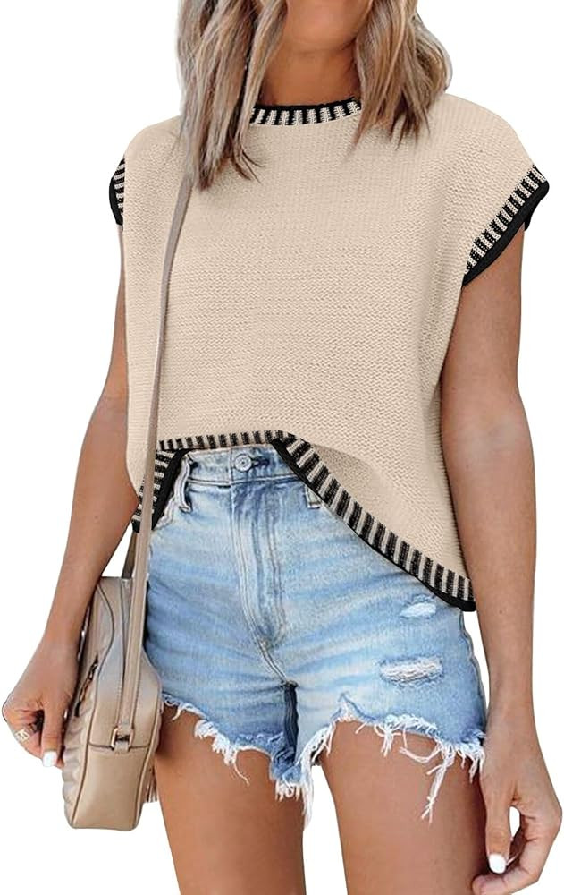 Womens Cap Sleeve Sweater Vest Summer Tops Sleeveless Tank Tops 2024 Trendy Spring Clothes Stripe... | Amazon (US)