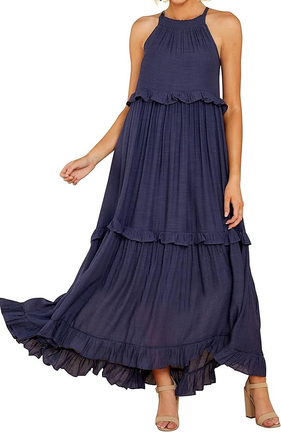 R.Vivimos Womens Summer Dress Cotton Sleeveless Halter Layered Ruffles Casual Boho Flowy Maxi Dre... | Amazon (US)