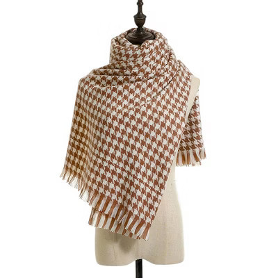 Anna-Kaci Women's Houndstooth Scarf with Soft Cozy Fabric Classic Black and White Check and Fringe Trim-27.6*72.8in, Khaki | Target
