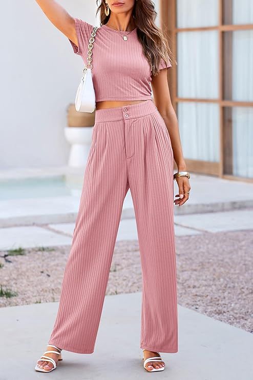 PRETTYGARDEN Women's Summer Knit 2 Piece Outfit Short Sleeve Crop Tee Tops Wide Leg Pants Set Tra... | Amazon (US)