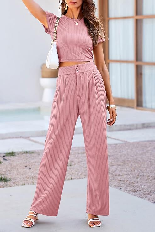 PRETTYGARDEN Women's Summer Knit 2 Piece Outfit Short Sleeve Crop Tee Tops Wide Leg Pants Set Tra... | Amazon (US)