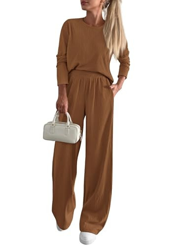 KIRUNDO Fall 2 Piece Lounge Sets for Women Long Sleeve Ribbed Knit Tops Wide Leg Pants Matching Travel Outfits Postpartum(Caramel, XX-Large) | Amazon (US)