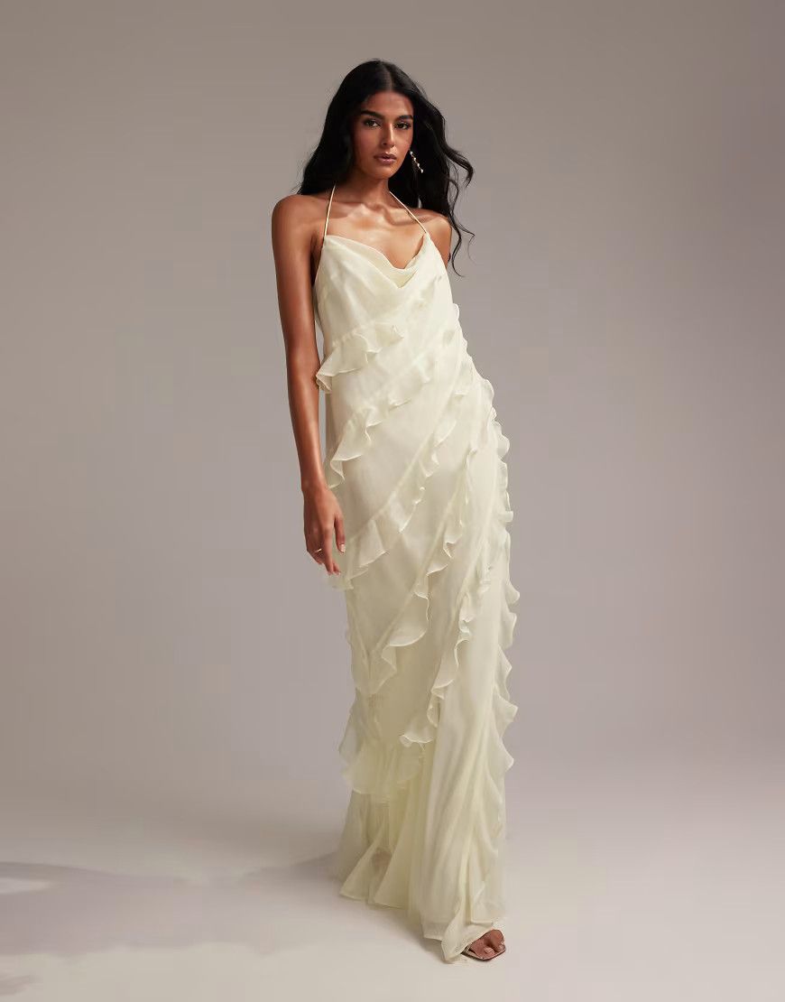 ASOS DESIGN Bridesmaids ruffle cami bias maxi dress in soft yellow | ASOS (Global)