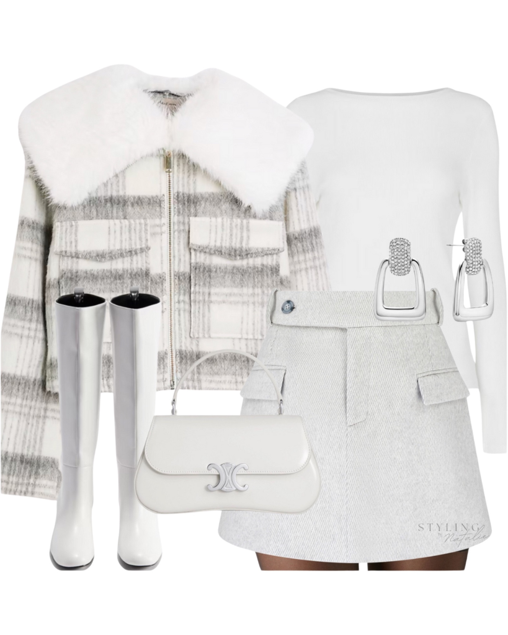 Boxing Day outfit- Check jacket with fur collar, grey tweed mini skirt, tights, long sleeve white top, white knee high boots and silver earrings. 
Grey outfit, winter outfit.

#LTKwinter #LTKeurope #LTKstyletip
