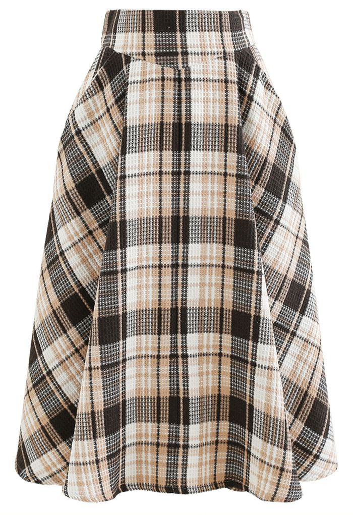 Plaid Tweed High-Waist A-Line Midi Skirt | Chicwish