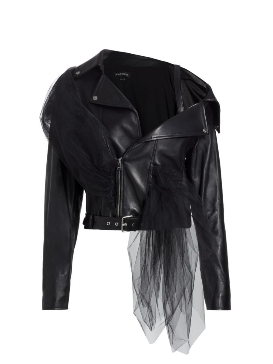 Draped Tulle Leather Biker Jacket | Saks Fifth Avenue